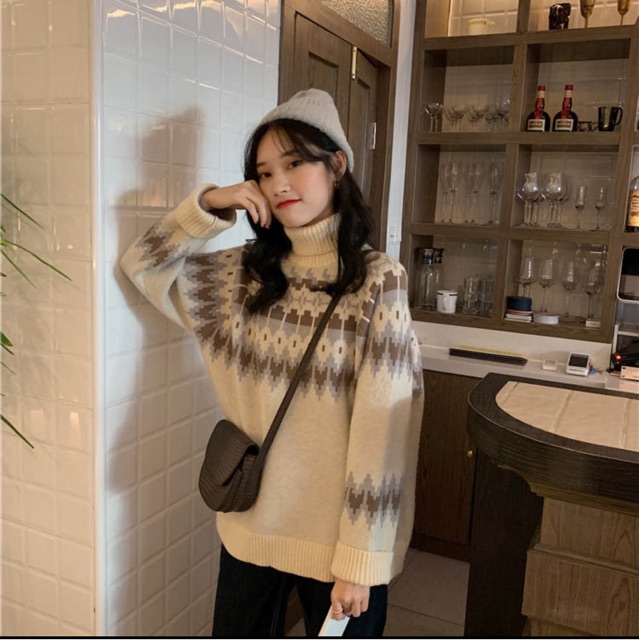 Áo len cao cổ 2 màu be - nâu