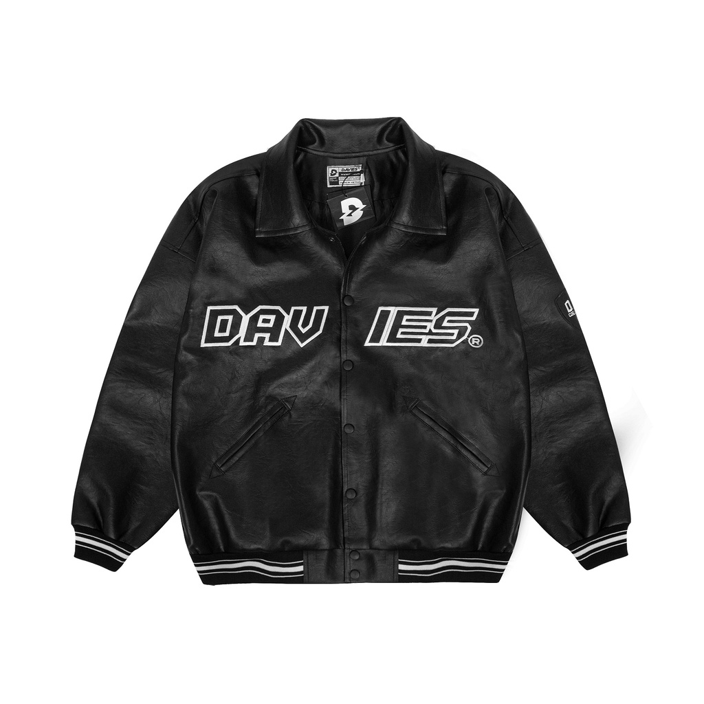 Áo khoác bóng chày da thêu logo Davies màu đen BMG Leather Varsity Jacket