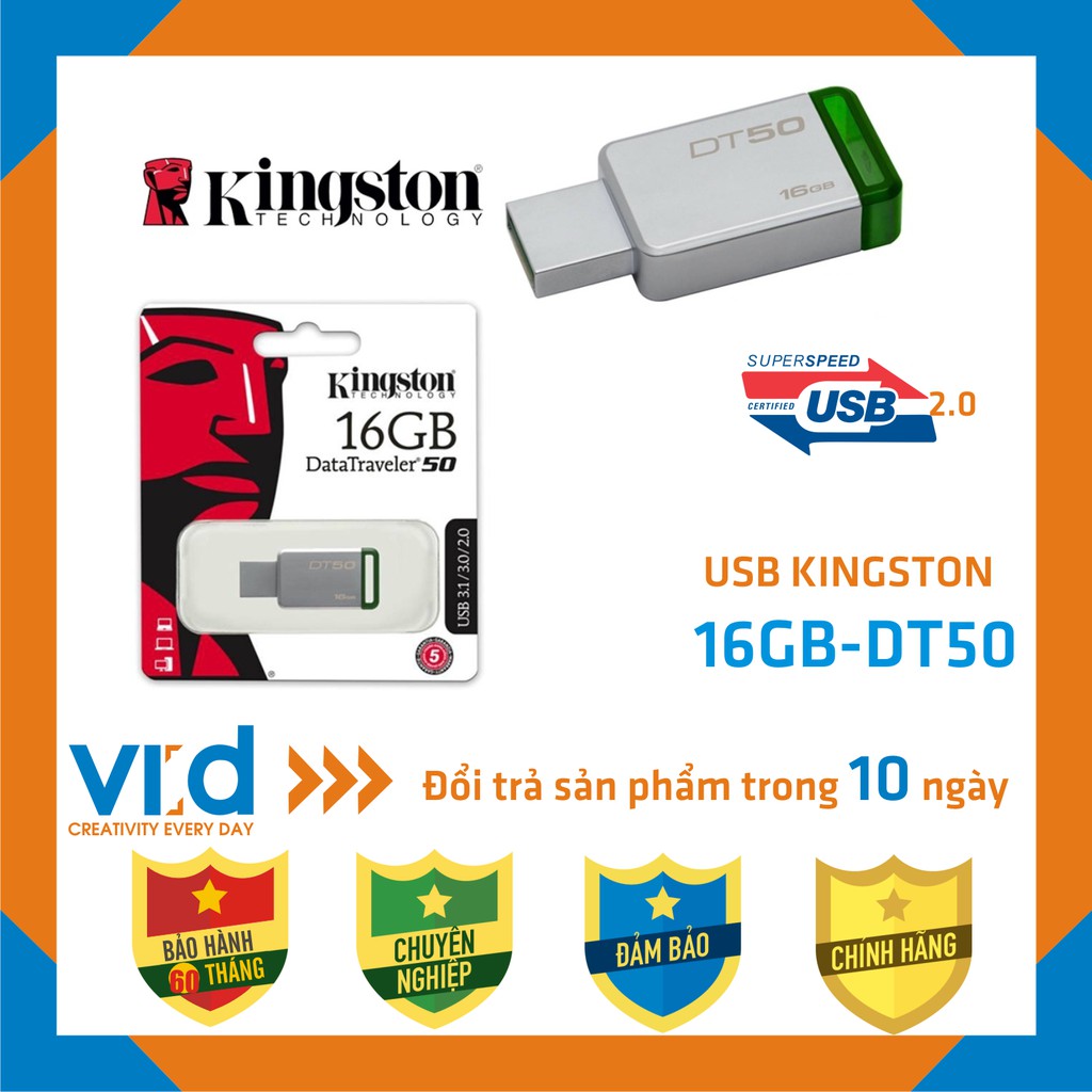 [Mã ELFLASH5 giảm 20K đơn 50K] [CHÍNH HÃNG] USB kingston 16GB 2.0 Data Traveler 50 - Bảo hành 60 tháng!!!
