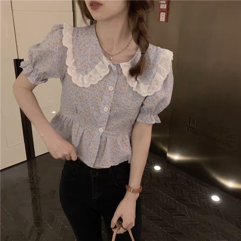 Áo hoa nhí baby doll cổ sen bèo viền ren  Ulzzang style  Hàng quảng Châu