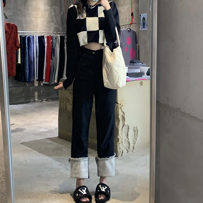 Quần jeans nữ lưng cao ống rộng màu tương phản năng động sành điệu