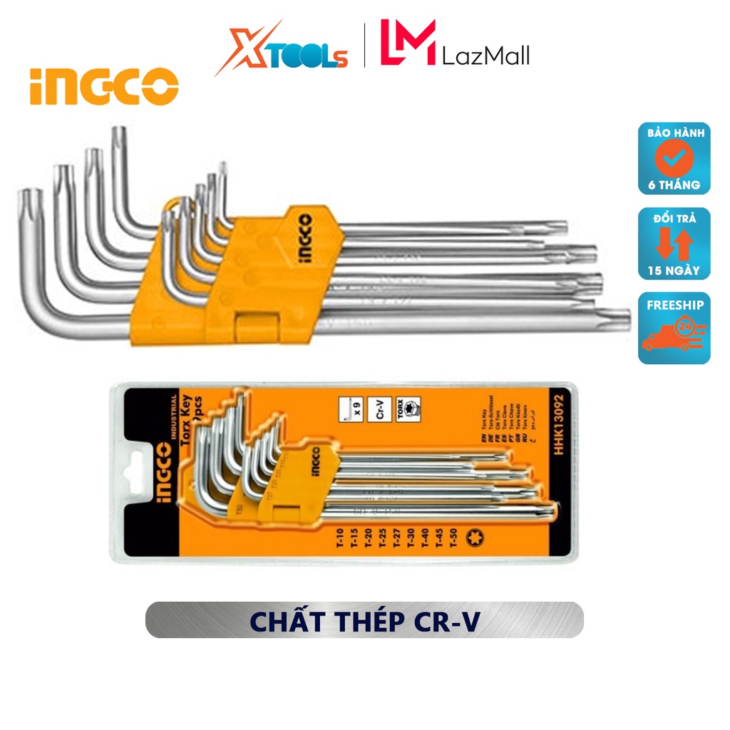 Bộ lục giác bông 9 cây INGCO HHK13092 Bộ 9 chìa lục giác bông được làm từ thép CrV gồm 9 cây T10, T15, T20, T25, T27, T3