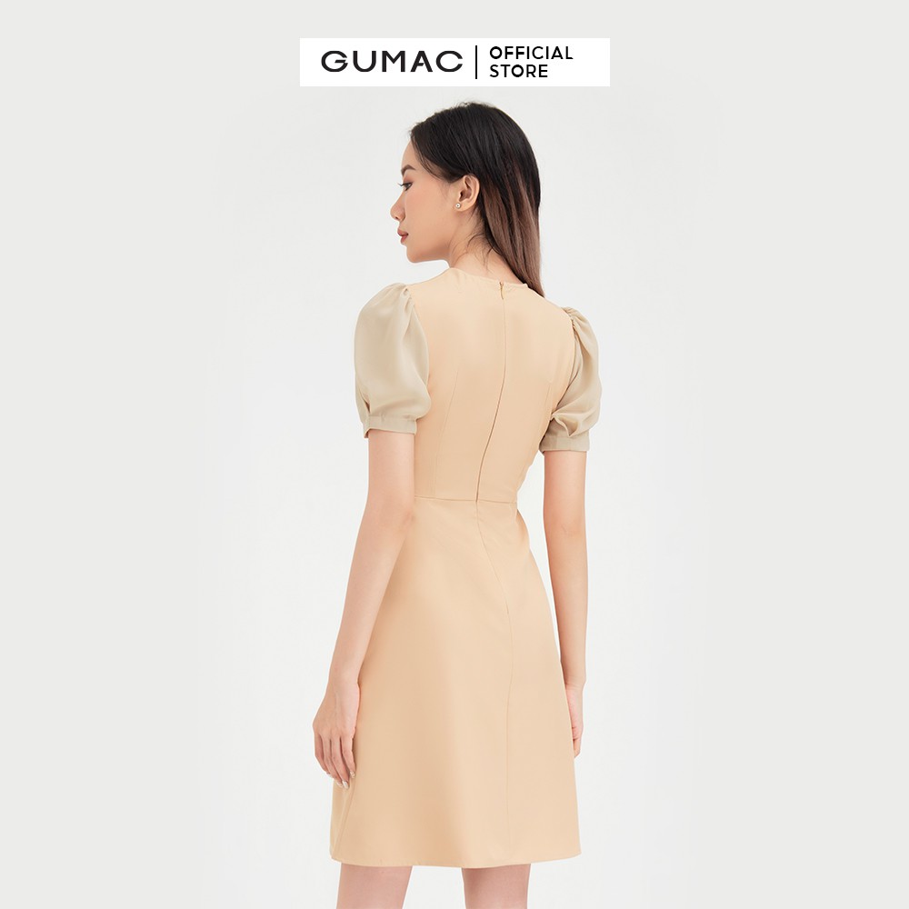 Đầm body nữ cổ V GUMAC thiết kế phối tay trẻ trung, công sở màu be DB442