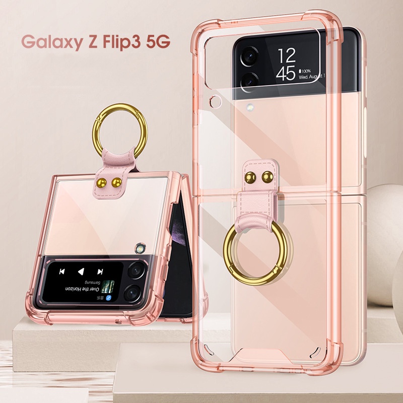 Ốp điện thoại acrylic trong suốt chống sốc có giá đỡ nhẫn cho Samsung Galaxy Z Flip 3 5G Z Flip 3