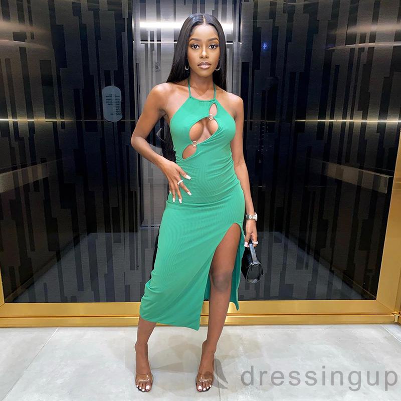 Đầm Hai Dây Cổ Tròn Màu Trơn Xẻ Tà Thời Trang Mùa Hè Cho Nữ