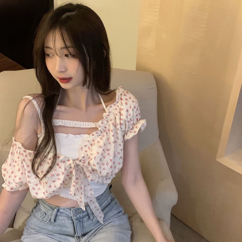 Jiashucheng Áo Hai Dây Ngắn Phối Ren Màu Trơn Ngọt Ngào Thời Trang Mùa Hè Cho Nữ