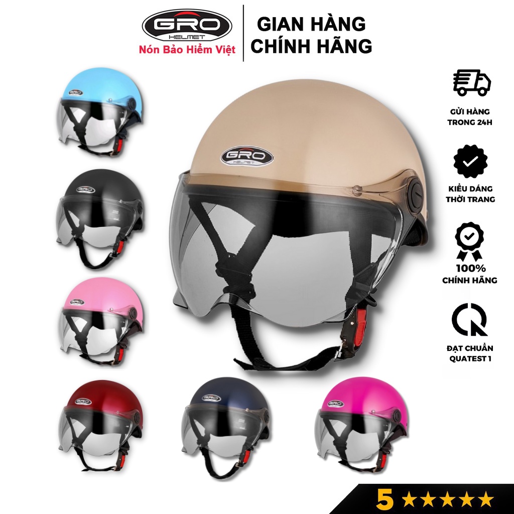 Mũ bảo hiểm nửa đầu GRO HELMET, HALY kính ngắn thời trang, nhiều màu trẻ trung cho cả nam và nữ, freesize(55-59cm)