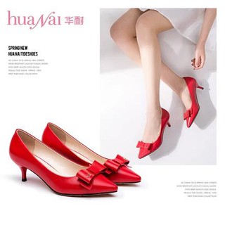 Giày cao gót nơ xinh xắn ( da lì , 2 màu đỏ , kem) (rẻ nhất shopee)