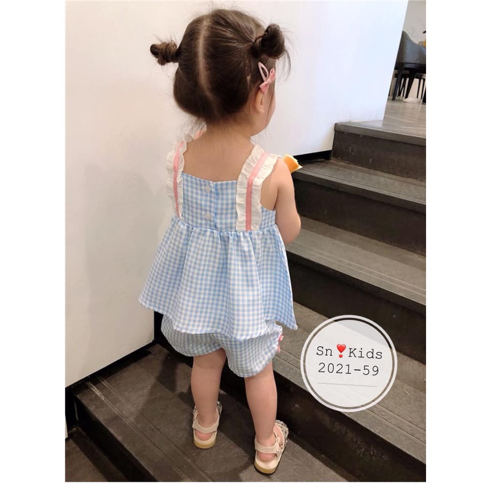 Bộ váy kẻ hai dây đính hoa bánh bèo cực mát