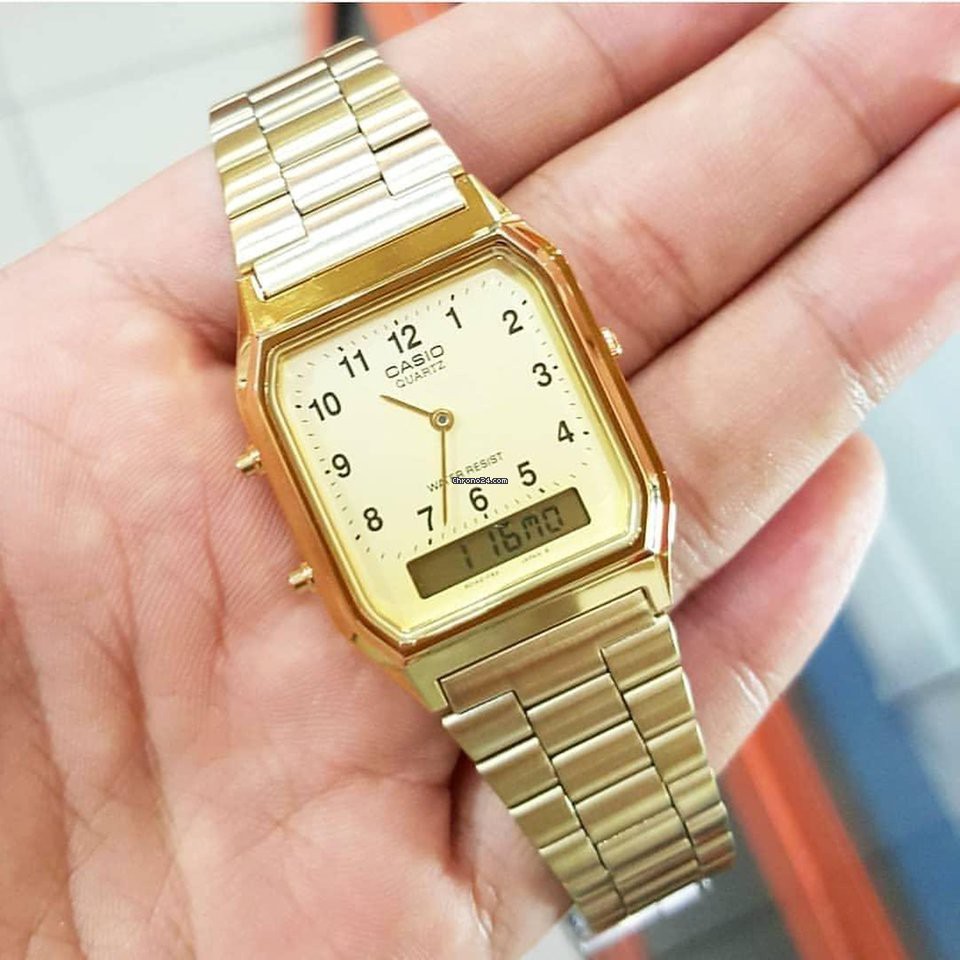 Đồng Hồ Casio Unisex - Nam - Nữ Vintage - AQ-230GA-9B - Điện Tử - Dây Kim Loại Mạ Vàng