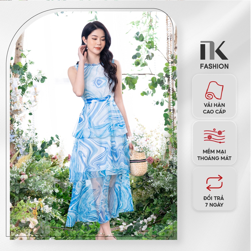Đầm Voan Maxi Nữ NK Fashion Thiết Kế Sát Nách Cổ Bèo, Thân Xếp Tầng Tinh Tế Họa Tiết Thanh Lịch NKDV2204006