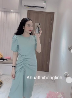 váy suông nữ cộc tay vai bồng rút eo chất đũi hottred