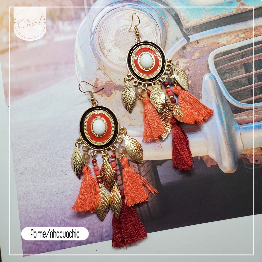 Hoa tai Boho phối tua rua hồng cam + tua rua đỏ