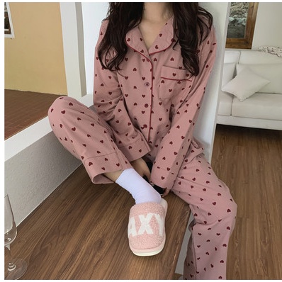 Đồ ngủ nữ dài tay họa tiết trái tim hồng phong cách Hàn Quốc 2021 mùa thu đông