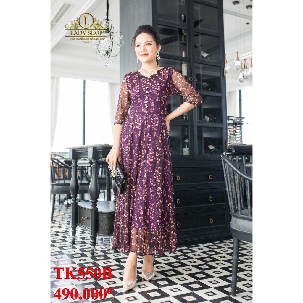 Thời trang trung niên -  Đầm quý bà cao cấp - Ladyshop - Đầm thun lưới cành lá rơi cổ hoa TK550