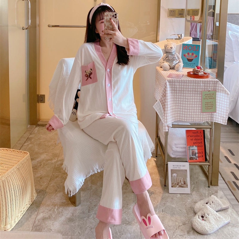 Bộ đồ ngủ tay dài phong cách Hàn Quốc thời trang xuân thu mới cho nữ
