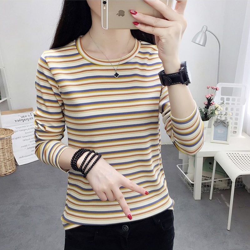 Áo thun tay dài cổ tròn họa tiết kẻ sọc thời trang cho nữ