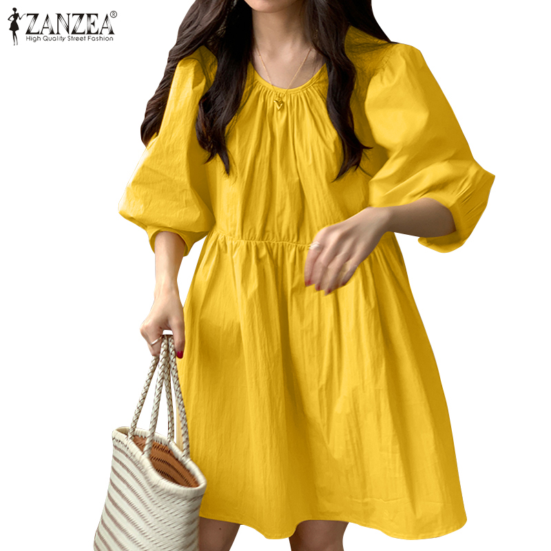 Đầm ZANZEA Ngắn Tay Cổ Tròn Xếp Ly Thời Trang Nữ Dễ Thương