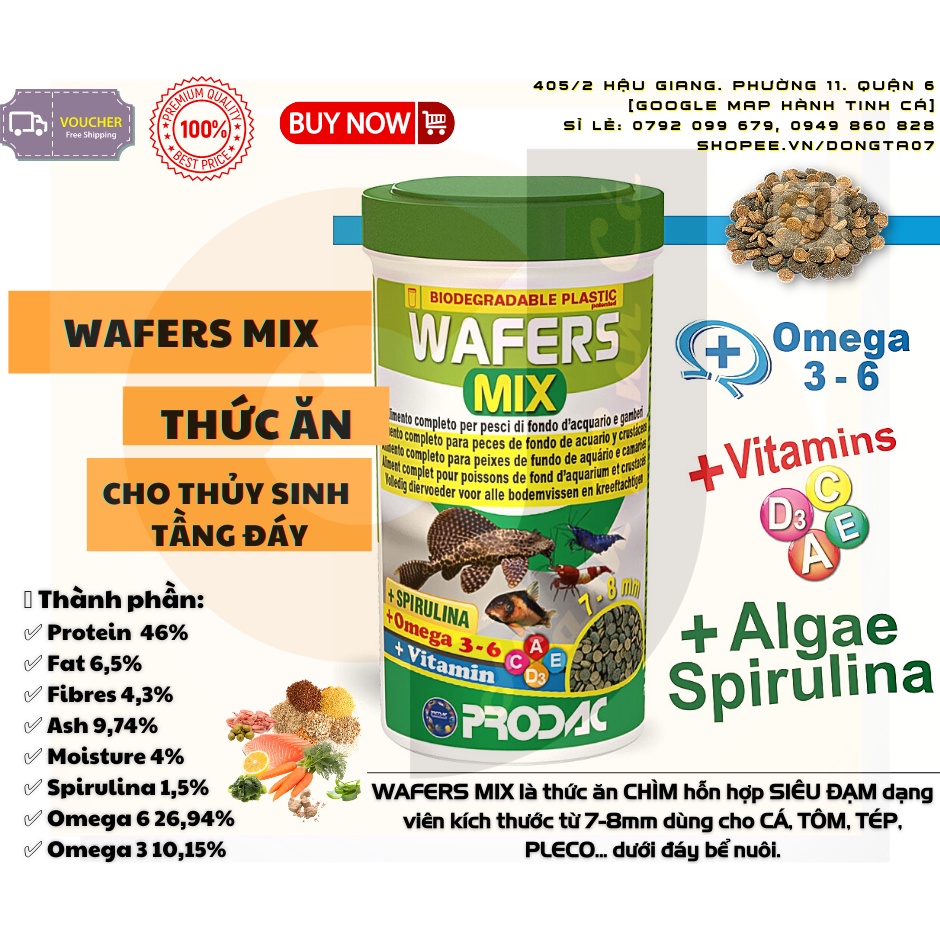 [Hũ 100ml/50gram] Prodac WAFERS MIX thức ăn CHÌM Tổng Hợp Cho Tép &amp; Cá Tầng Đáy