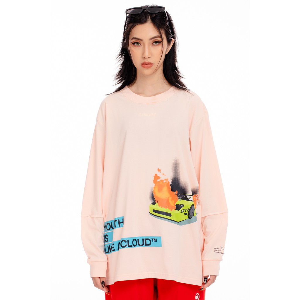 5THEWAY® /YILAC/ SQUARE LONG SLEEVE TEE™ in PALE PEACH aka Áo Thun Hồng Tay Dài