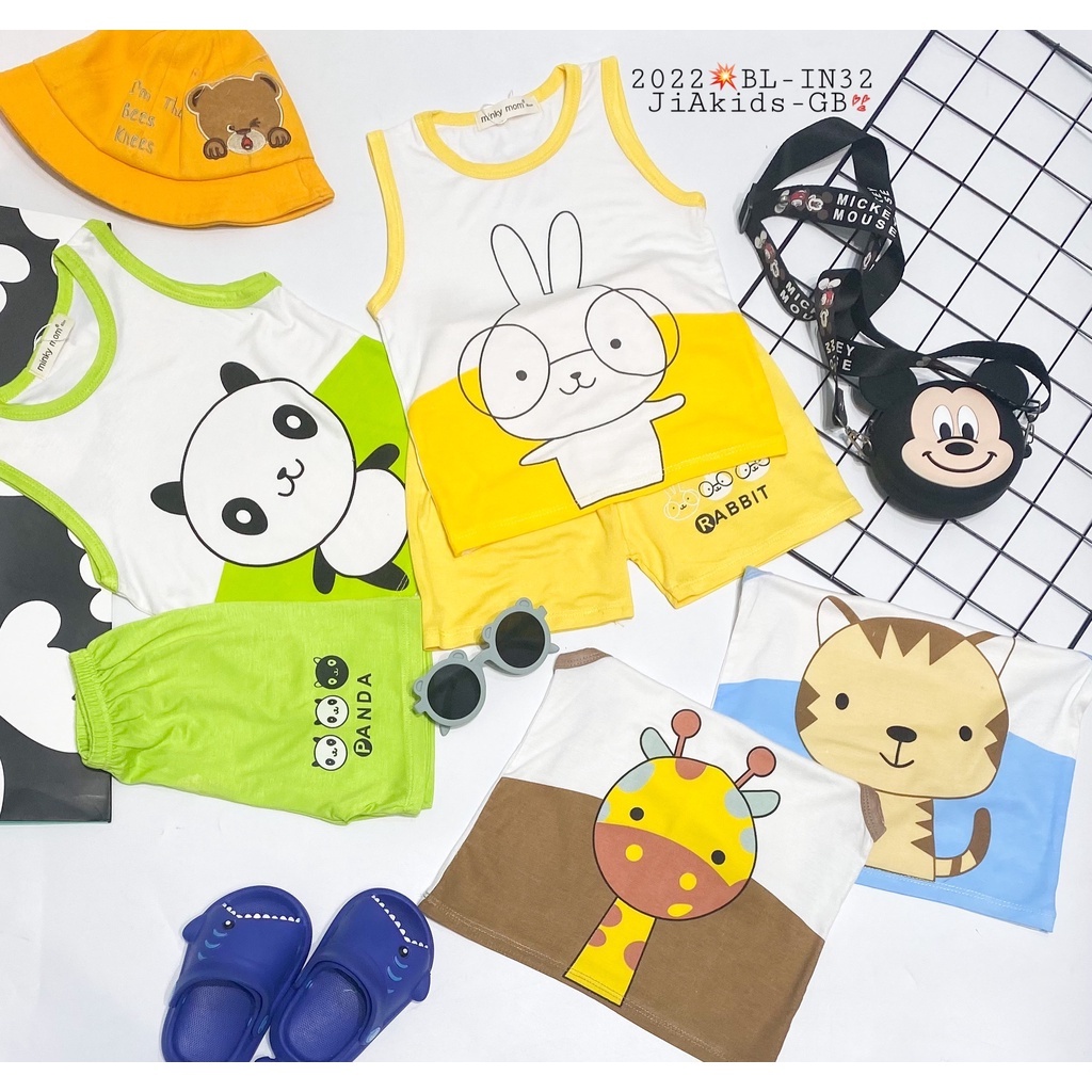 [Bé:8-27kg] Bộ Quần Áo Ba Lỗ Minky Mom Cho Trẻ Em, Vải Thun Lạnh Thoáng Mát Trơn, In Hình Hình Động Vật- Mã: BL-IN32