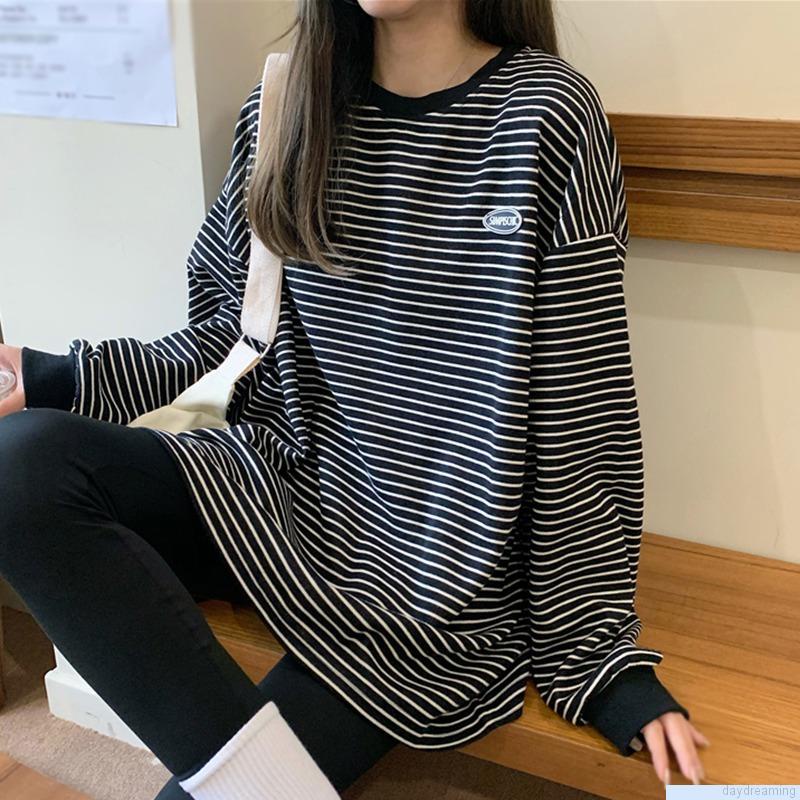 Áo thun tay dài cổ tròn dáng rộng sọc ngang thời trang trẻ trung cho nữ