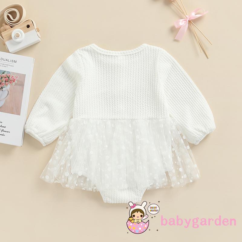 Bộ áo liền quần tay dài phối lưới họa tiết chấm bi dễ thương cho bé gái