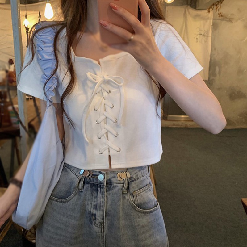 Áo Thun Croptop Dệt Kim Tay Ngắn Màu Sắc Đơn Giản Phong Cách Hàn Quốc Cho Nữ