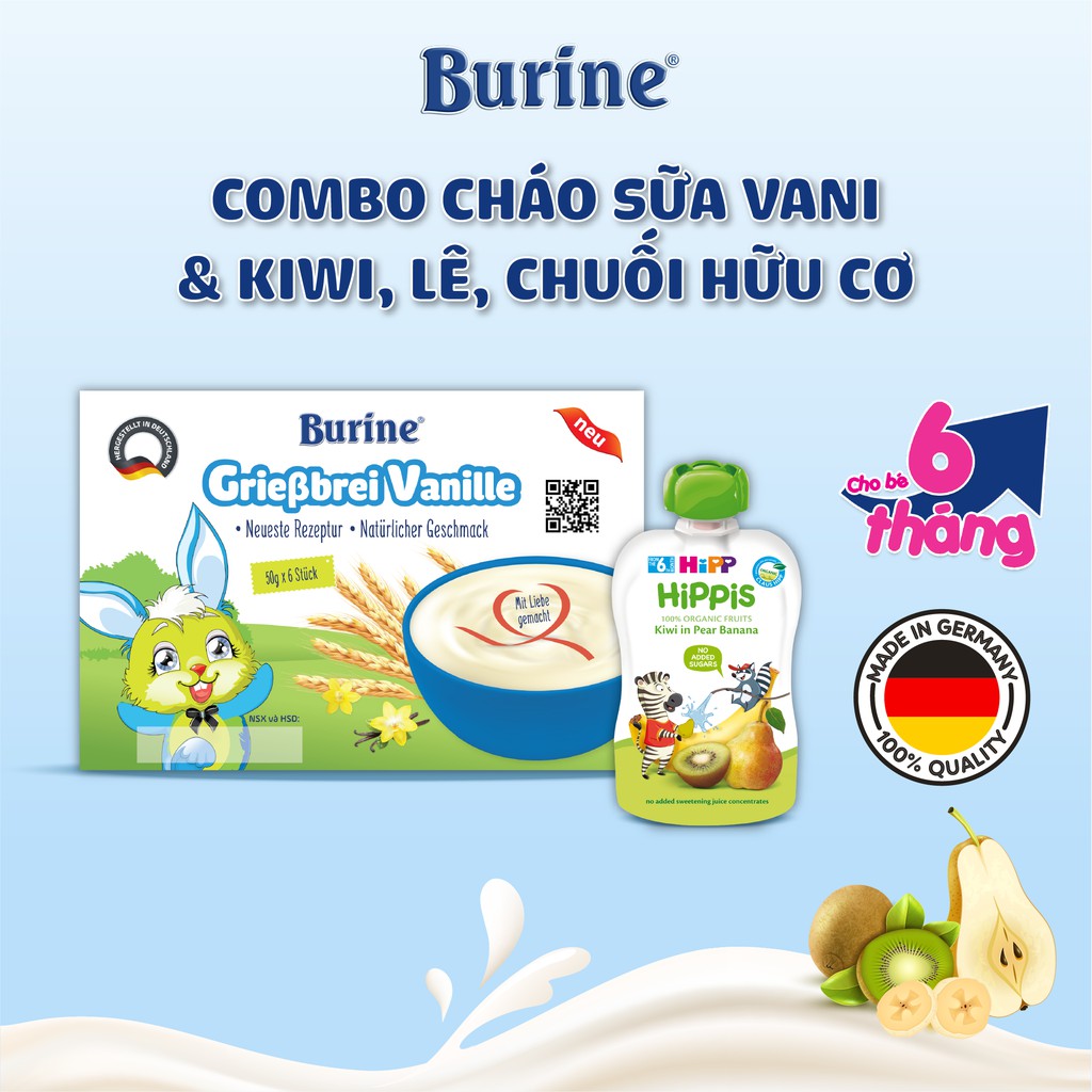 Combo Ăn Dặm Cháo Sữa BURINE Vani Và Túi Trái Cây Nghiền HiPPiS Kiwi, Lê, Chuối Bổ Sung Vitamin CSVANI_8527