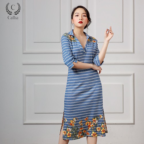 Đầm thun midi Callia cổ trụ Adie (Xanh sọc)