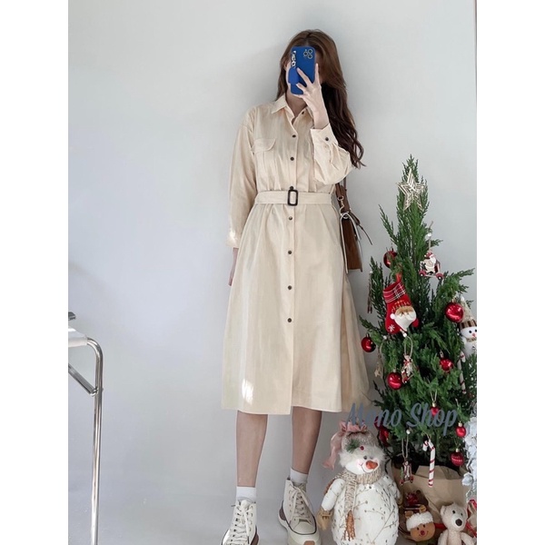 Váy sơmi trơn dáng suông dài tay kèm đai