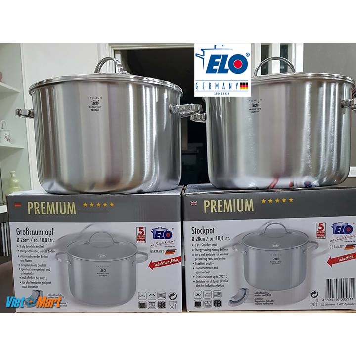 Nồi Luộc Gà ELO Multilayer 28cm 10lit Nấu Canh inox 304 cao cấp, 3 Lớp Đúc Liền Khối Từ Thành Đến Đáy Vung Kính Chịu Lực