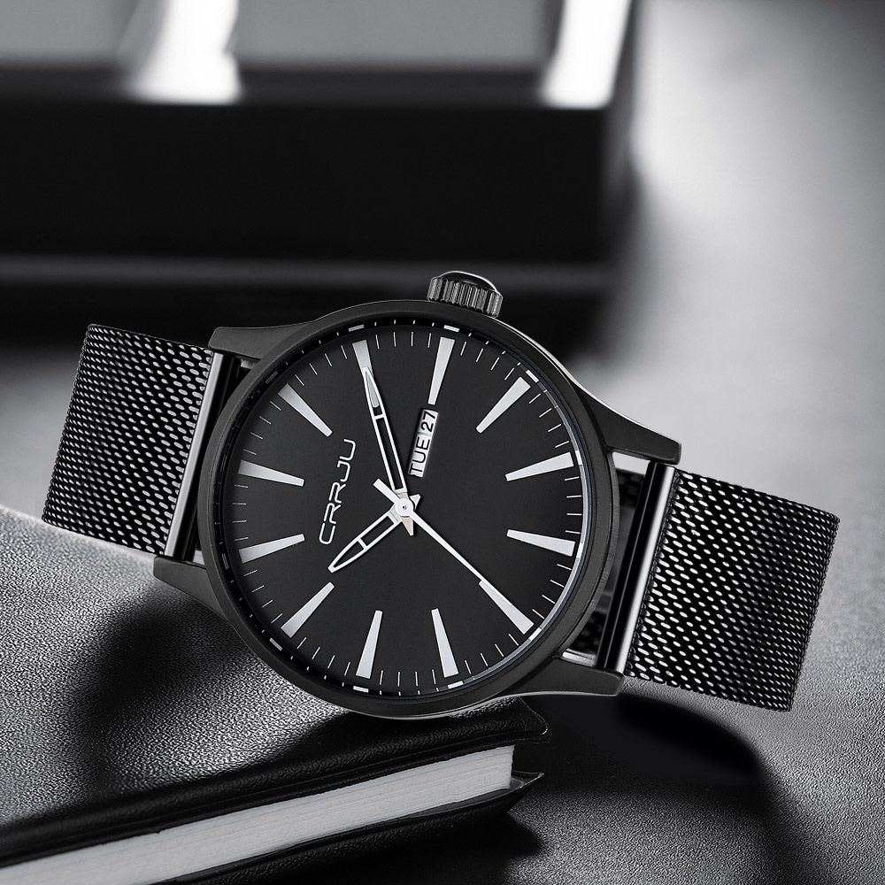 Đồng hồ thạch anh CRRJU 2108 M mỏng bằng thép không gỉ chống nước cho nam