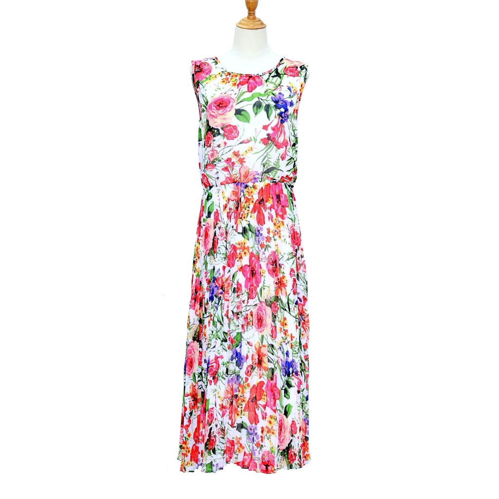 Đầm voan hoa xếp ly form rộng hai lớp sát nách cổ tròn Maxi Dress MS505