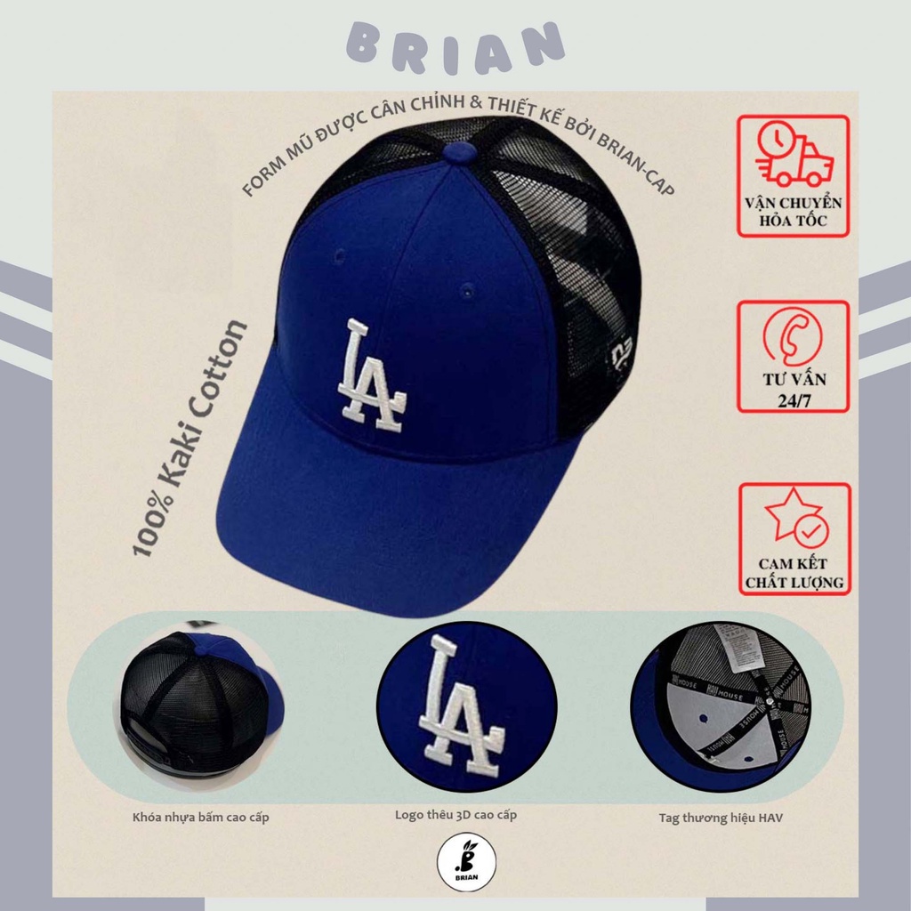 Mũ lưỡi trai lưới xanh dương MLB thêu chữ LA trắng Hàn Quốc, nón kết lưỡi trai phong cách Hàn quốc LA, hàng xuất dư.