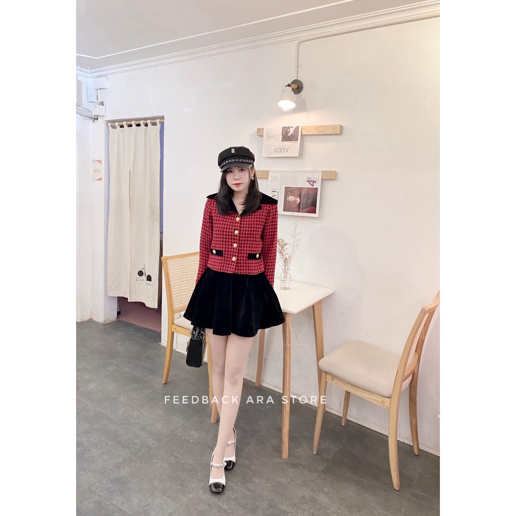 Set váy áo dạ đỏ kẻ cao cấp Ara Store