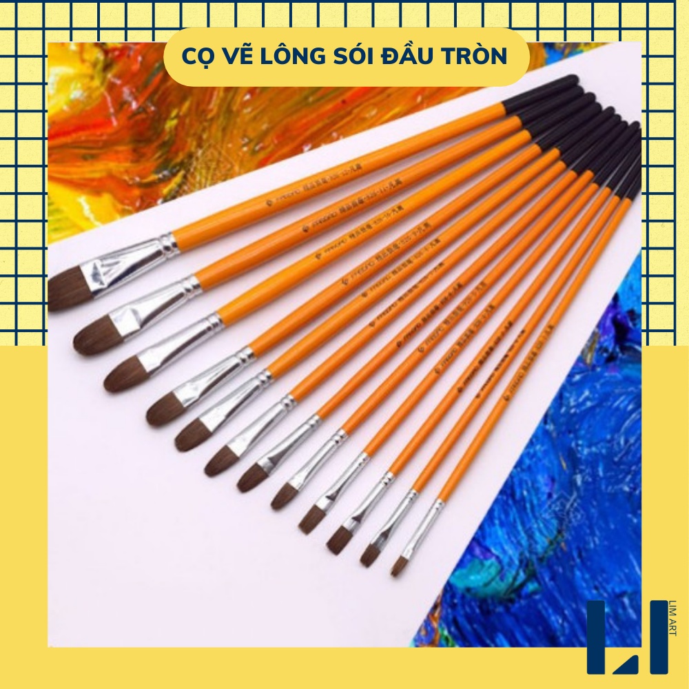 Cọ vẽ đầu oval lông sói thân gỗ, cọ filbert chuyên dụng cho màu nước, acrylic, sơn dầu, goauche,..