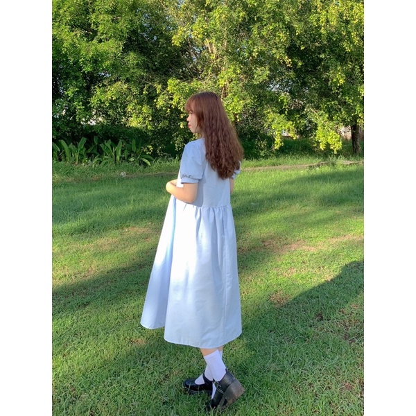 Đầm babydoll tay ngắn (xanh/ trắng)
