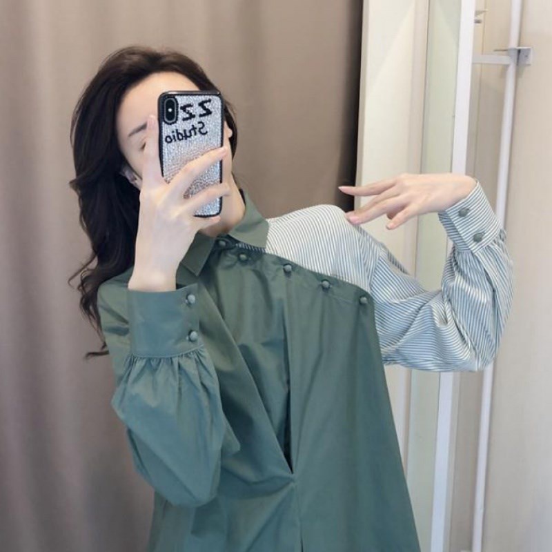 Áo sơ mi tay dài kẻ sọc màu cổ bẻ cài nút thời trang công sở cho nữ