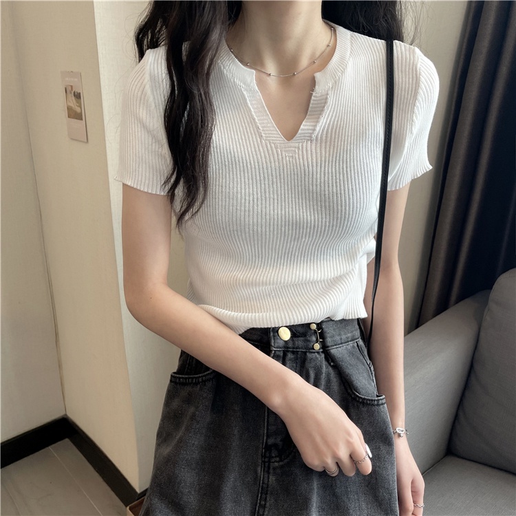Áo Croptop Dệt Kim Tay Ngắn Cổ Chữ V Thời Trang Mùa Hè Phong Cách Hàn Quốc Cho Nữ