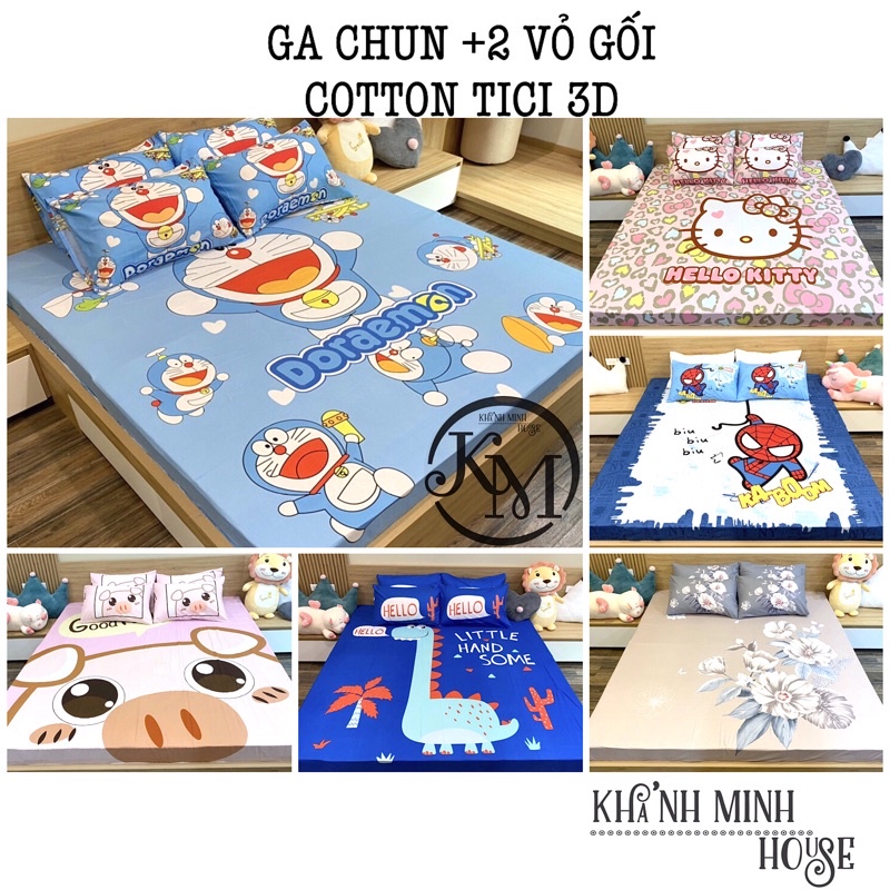 Bộ Ga Gối Cotton TiCi 3D Nhập Khẩu Cao Cấp Set Ga Gối Đủ Size Mềm Mại Không Xù