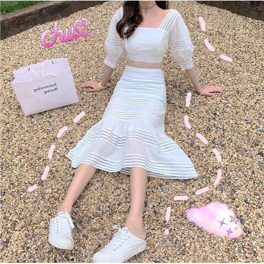 SET ÁO CROP PHỐI REN+CV ĐUÔI CÁ CỰC SANG | BigBuy360 - bigbuy360.vn