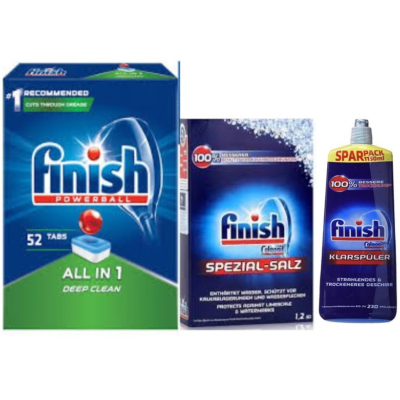 bộ viên rửa chén bát Finish 52 viên hộp muối làm mềm nước Finish và chai nứoc làm bóng  Finish