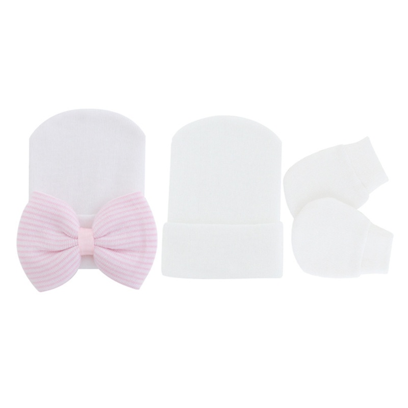 Bộ Găng Tay + Mũ + Găng Tay Cotton Mềm Mại Chống Xước Đính Nơ Xinh Xắn Cho Bé 0-1 Tuổi