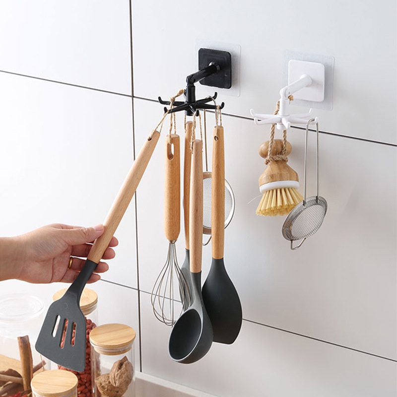 Móc dán tường treo đồ xoay 360 độ tiện dụng, Móc treo đồ 6 nhánh, Giá treo đồ dụng cụ nhà bếp đa năng siêu tiện lợi