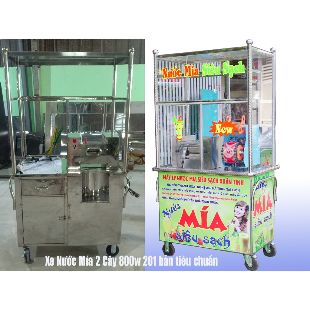 Xe Nước Mía, máy ép nước mía Có Tủ Kính Ép 2 Cây Mía XT2-800W Bản thường lô ép inox 201