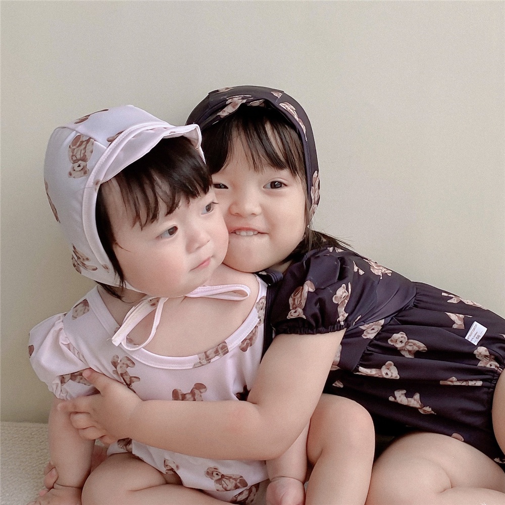 Bộ Đồ Bơi Liền Thân Tay Ngắn In Hình Gấu + Nón Thời Trang Mùa Hè Cho Bé