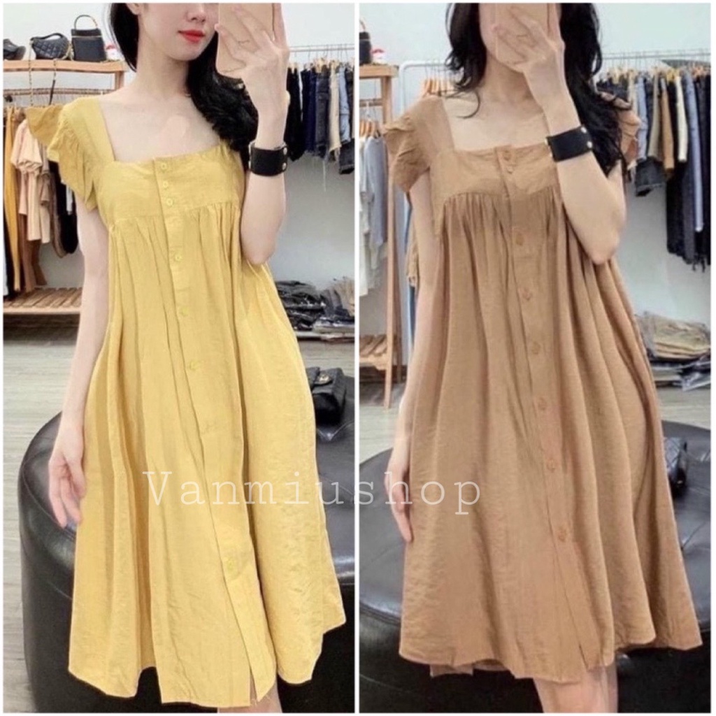 Váy đũi xước cánh tiên cúc ngực dáng xòe nhẹ bầu mặc được vanmiushop