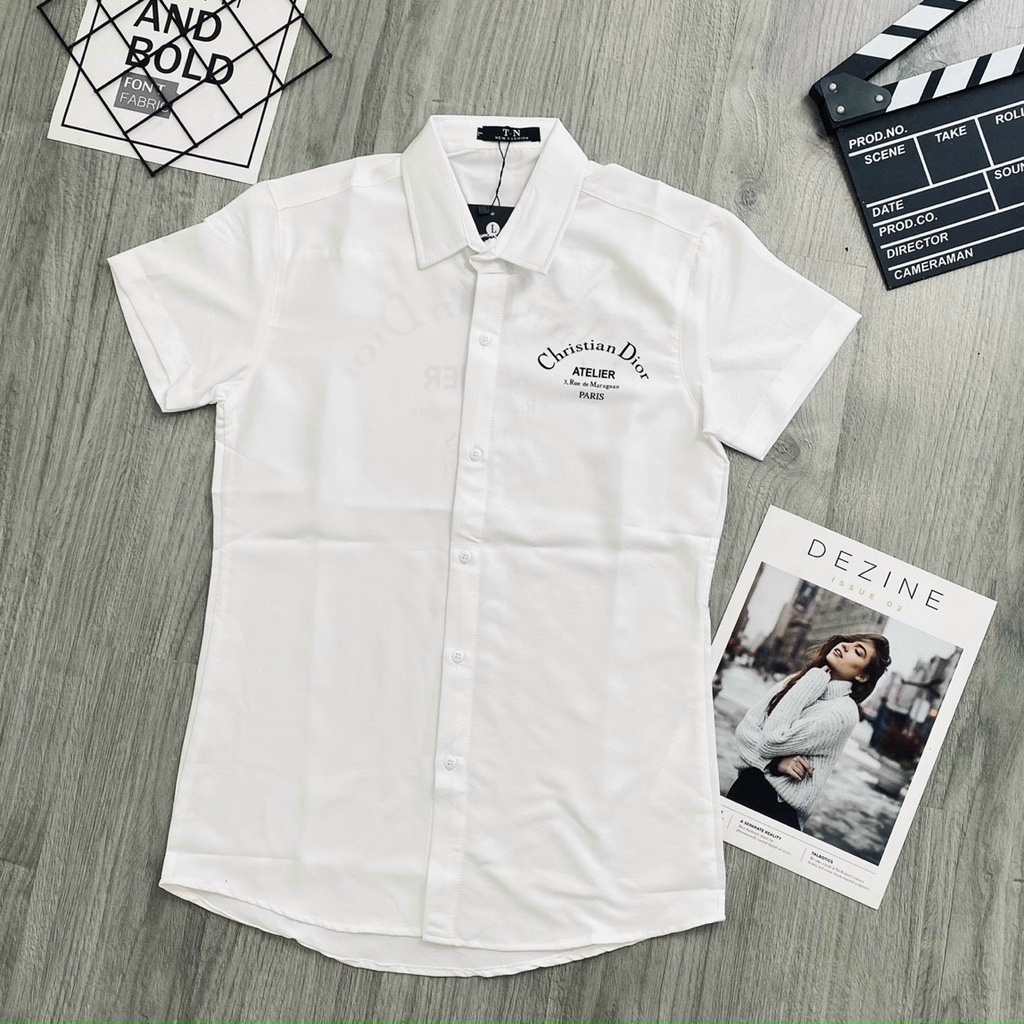 Áo sơ mi nam đen trắng tay ngắn in chữ hiệu mẫu mới giá rẻ vải mặc mát cao cấp VBSHOP001