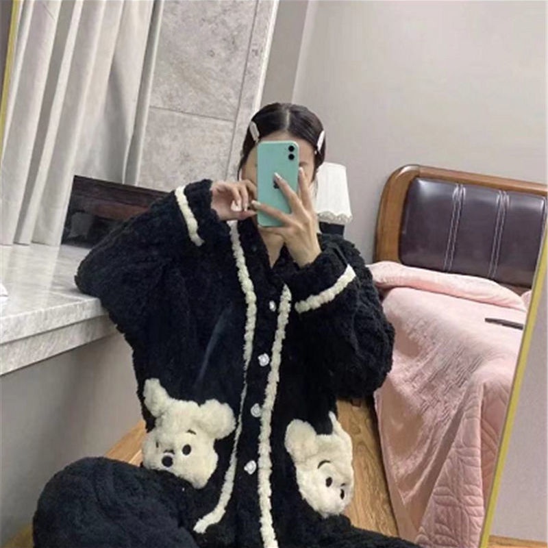 Pajama mùa mới phong cách cộng với gấu nhung hai mảnh màu đen thanh lịch ký túc xá phục vụ tại nhà